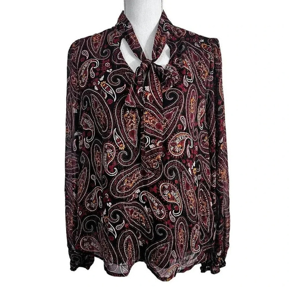 Crescent & Willough Metallic Paisley Blouse Cutout Neck with Tie Red Black White - Picture 1 of 10